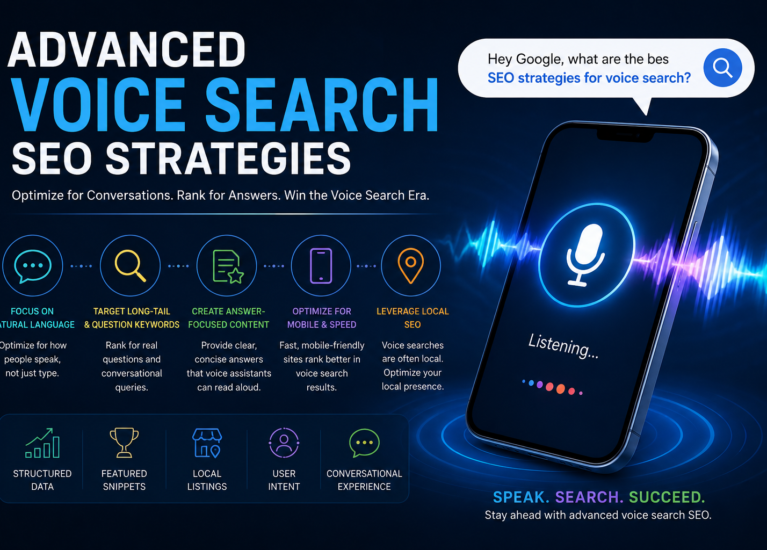 Advanced Voice Search SEO Strategies infographic showing AI search optimization